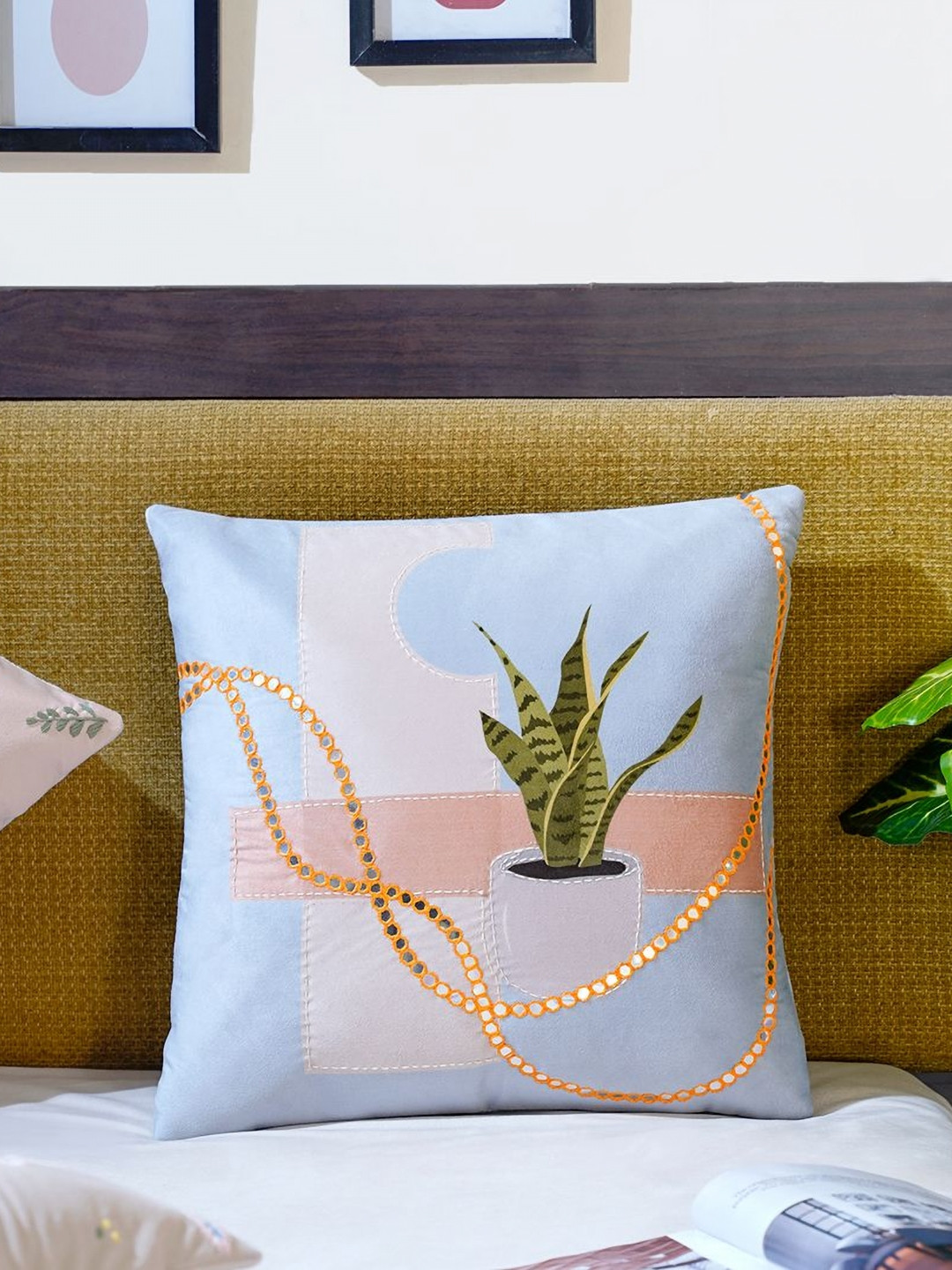 Mid July Home Harmony of Elements Blue Abstract Embroidered Velvet Square Cushion Cover