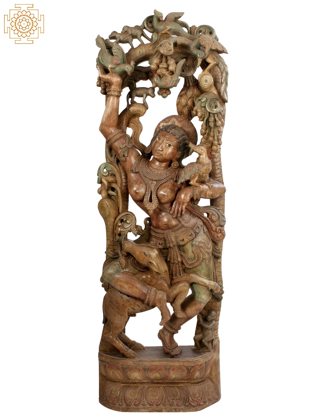 Exotic India Shakuntala Plays with A Deer in The Forest Brown Wood Natural Living Room Extra Large Showpiece - 72.4 Inches
