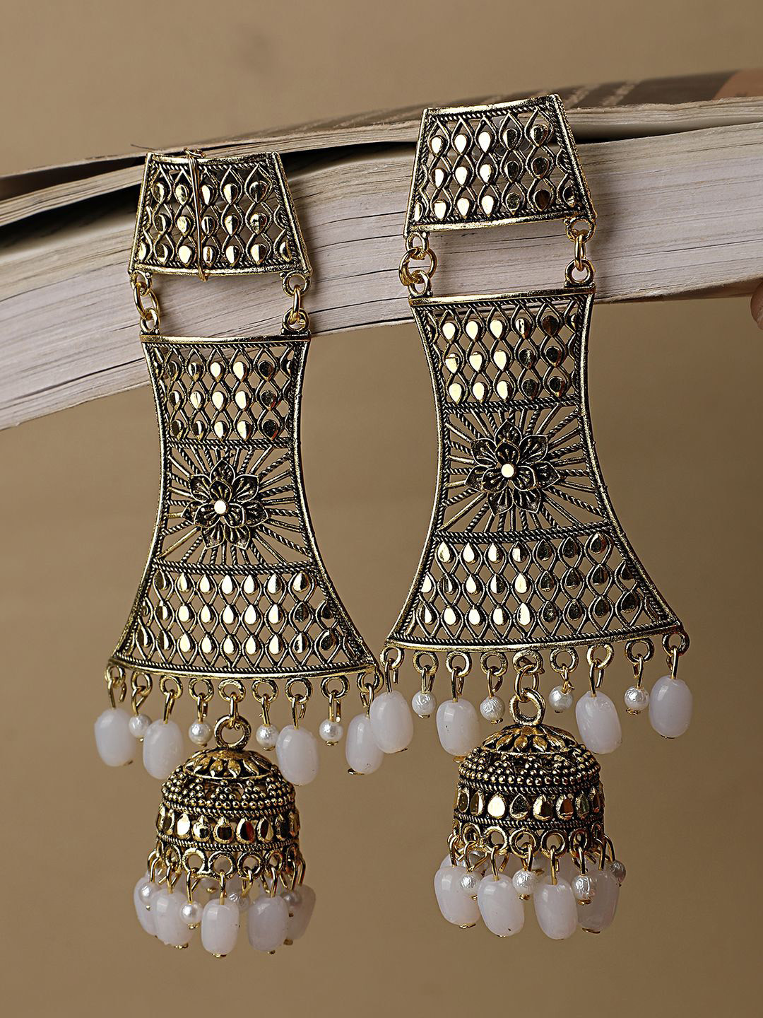 MODE MANIA Gold-Plated Pearls Beaded Contemporary Drop Earrings