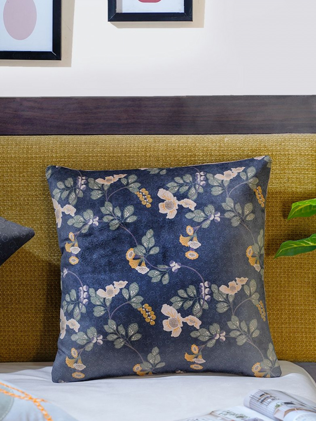 Mid July Home Blue & Green Floral Printed Velvet Square Cushion Cover