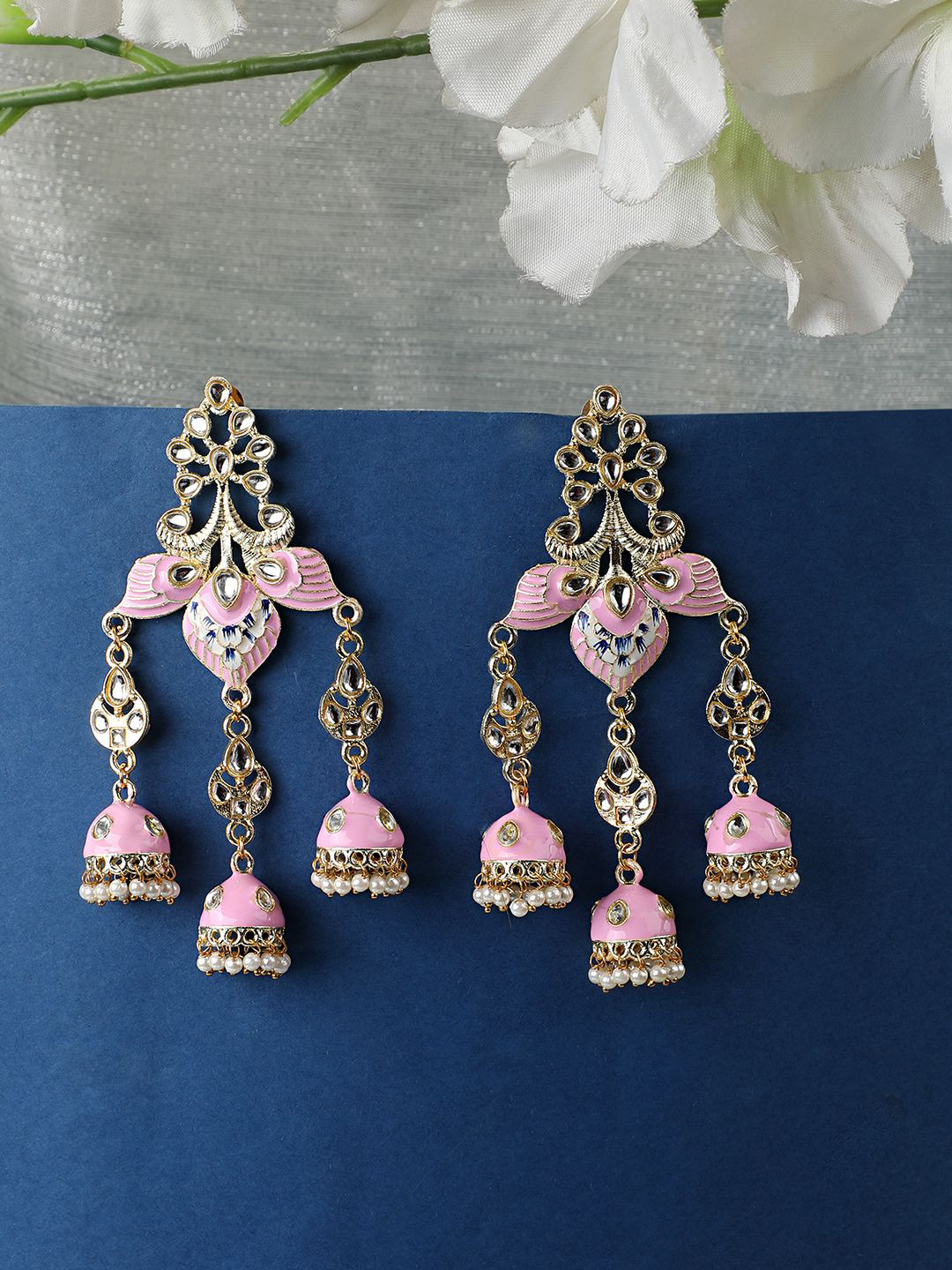 MODE MANIA Gold-Plated Kundan Studded & Beaded Enamelled Dome Shaped Jhumkas