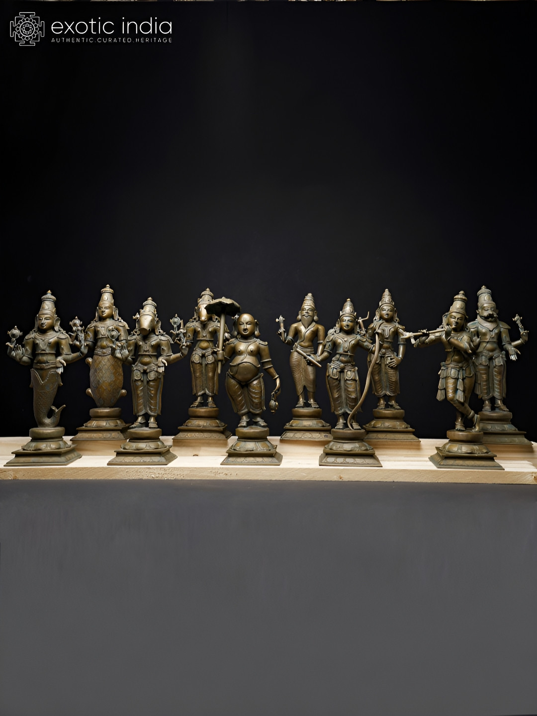 Exotic India Dashavatara Of Lord Vishnu Bronze Metallic Living Room Set of 10 Medium Showpieces - 12.5 Inches