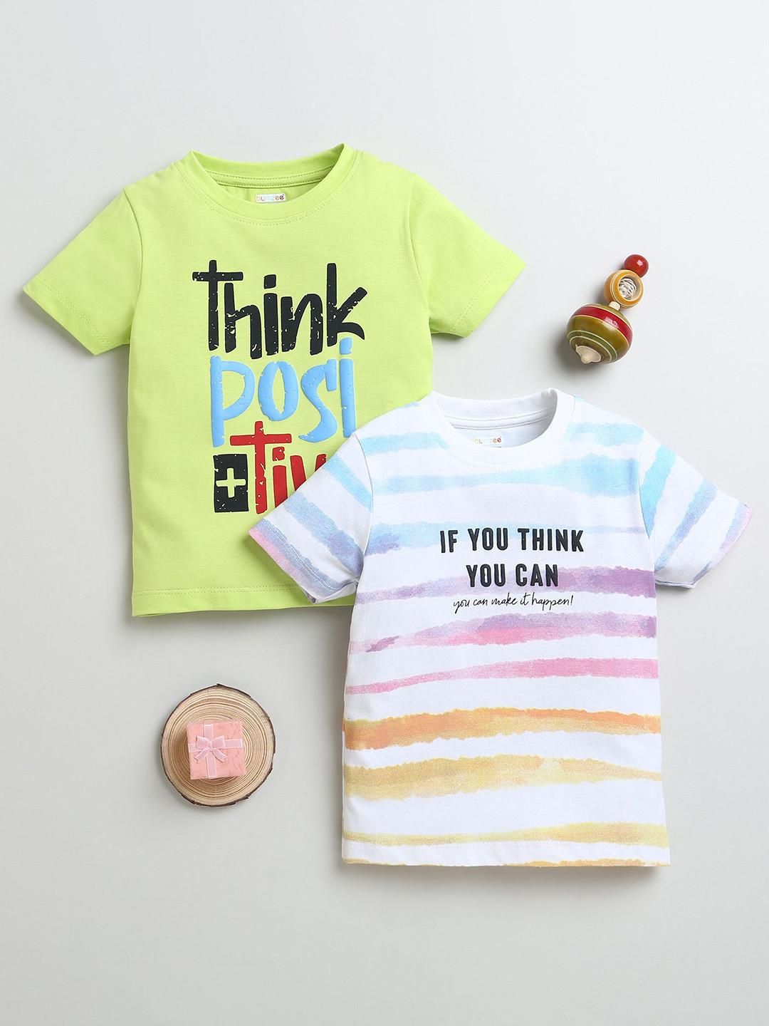BUMZEE Boys Pack Of 2 Typography Printed Round Neck Cotton T-Shirts