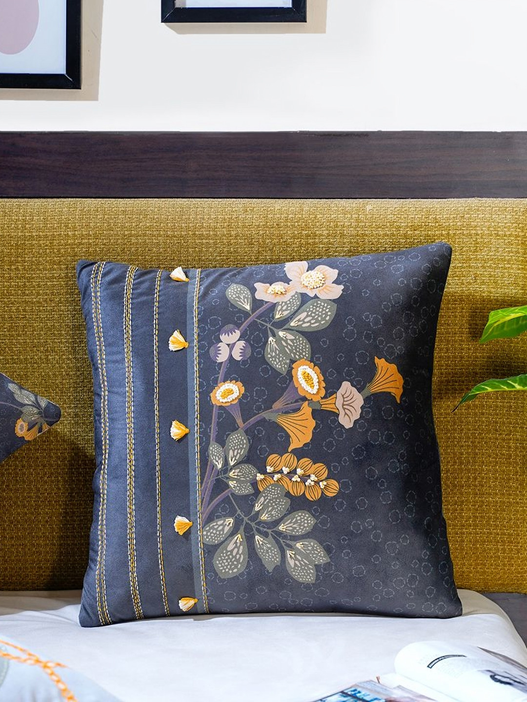 Mid July Home Grey Floral Velvet Durable Embroidered Square Cushion Cover - 16 x 16 Inches