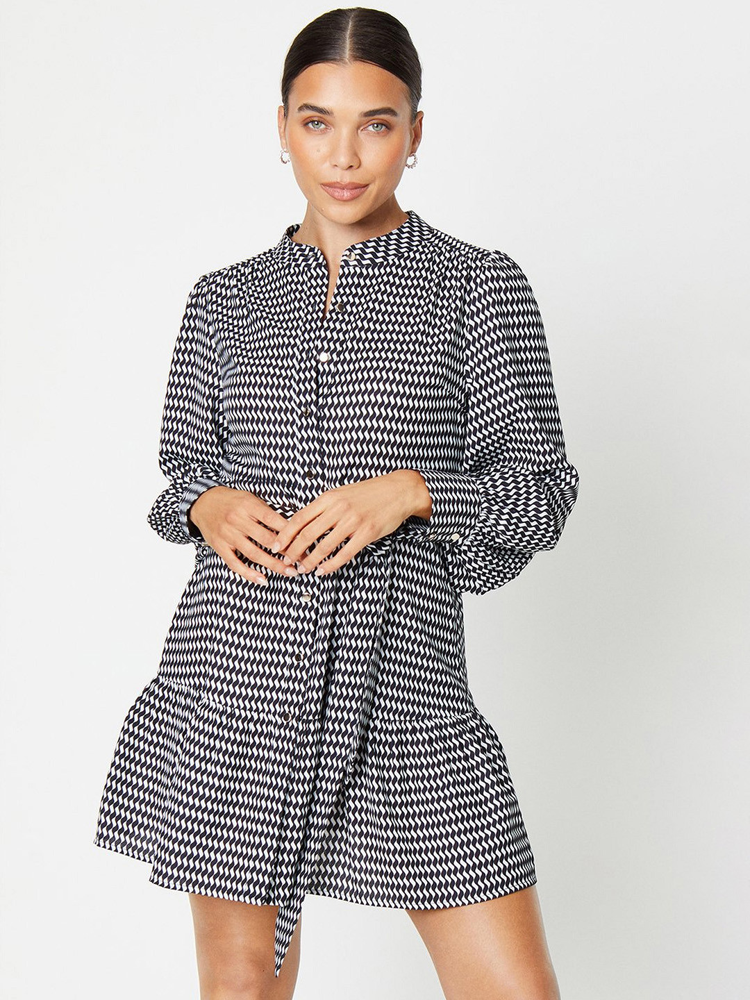 DOROTHY PERKINS Printed Shirt Petite Mini Dress with Belt
