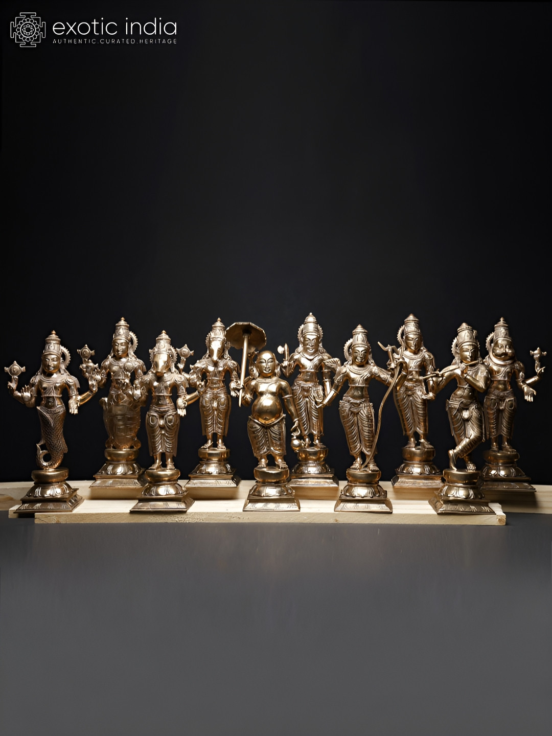 Exotic India Dashavatara Of Lord Vishnu Gold Brass Metallic Prayer Room Set of 10 Small Showpieces - 15 Inches