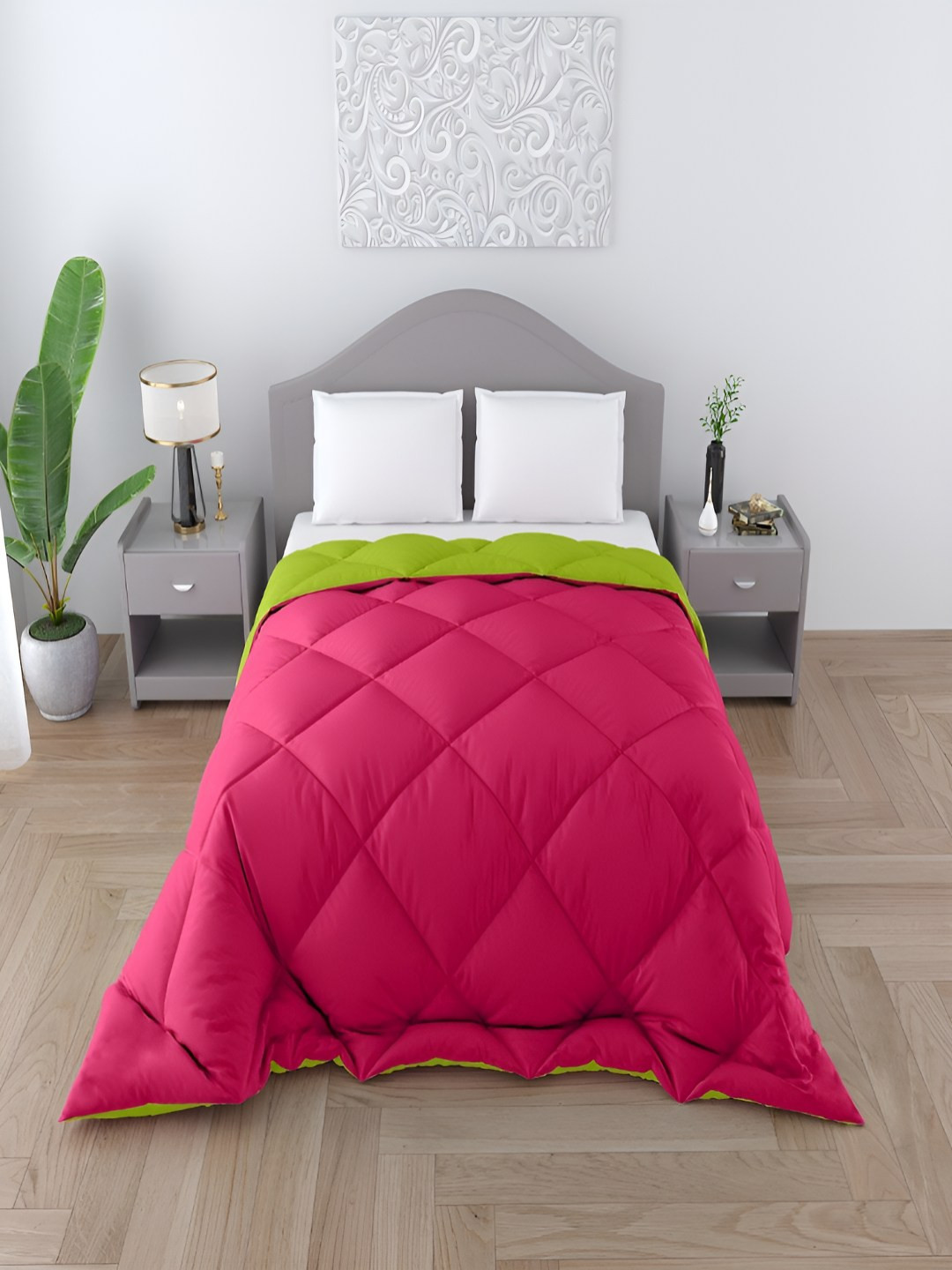tundwal's Pink & Green Quilted 250 GSM Heavy Winter Single Bed Comforter