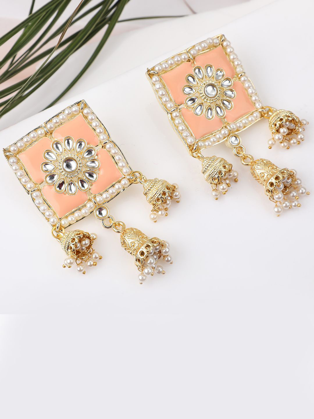MODE MANIA Gold-Plated Kundan Studded & Beaded Square Drop Earrings