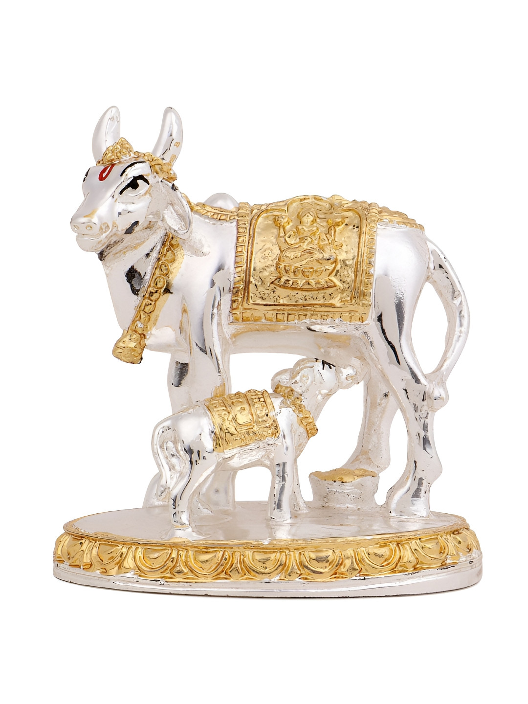 INTERNATIONAL GIFT Kamdhenu Cow with Calf Gold Brass Metallic Living Room Medium Showpiece - 3.5 Inches