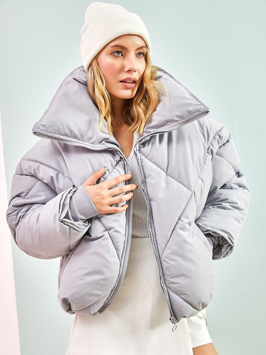 BIANCO LUCCI Checked Spread Collar Zipper Puffer Jacket
