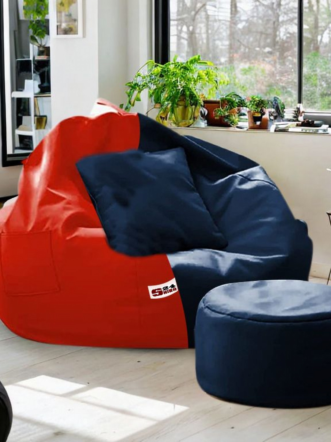 SHIRA 24 Red & Blue 3 Pieces Colorblocked Bean Bag Cover & Cushion Cover & Footrest