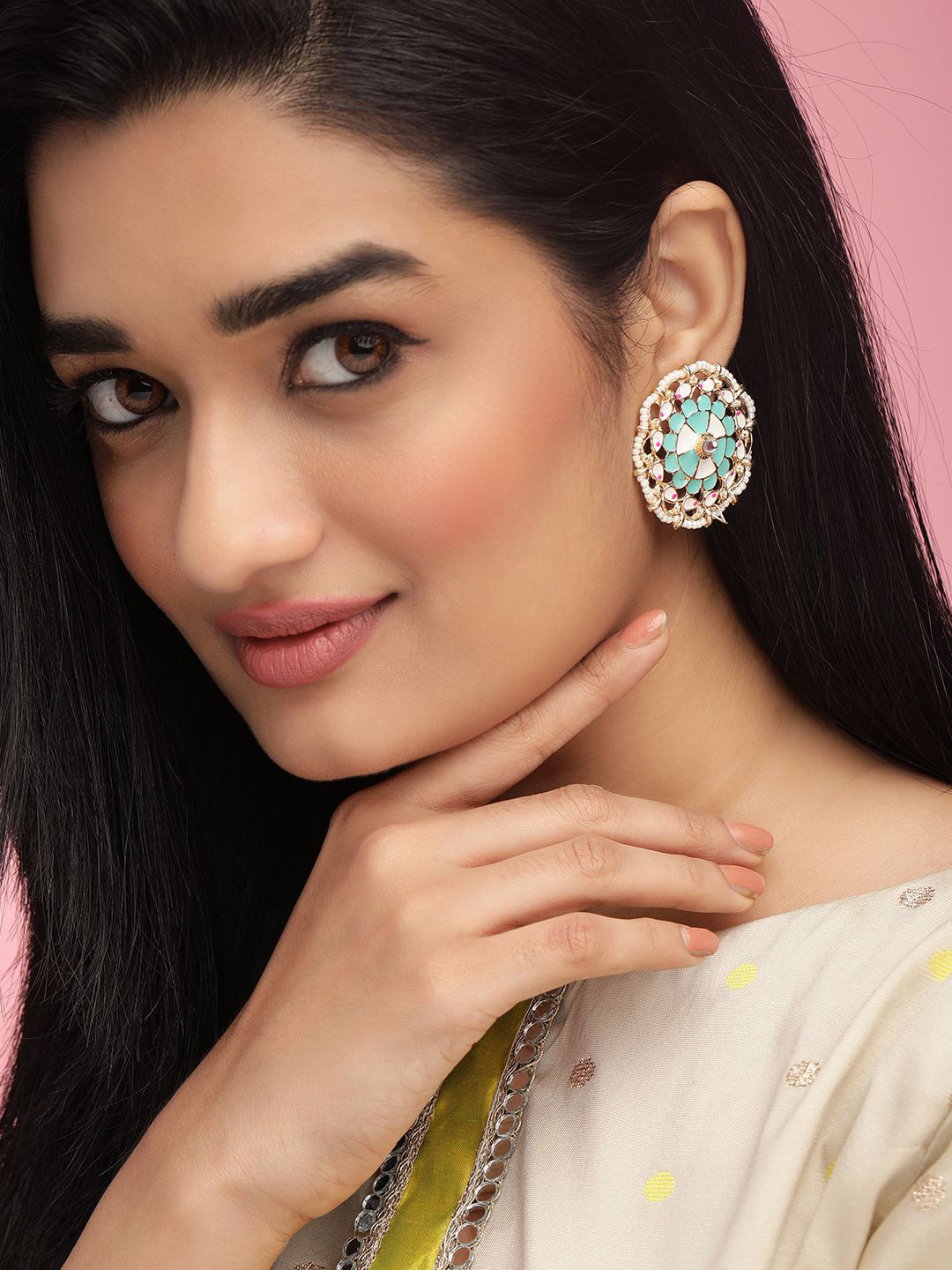 Rubans 22K Gold-Plated Aqua & White Enamel Round Studs with Pearl Beaded Detailing