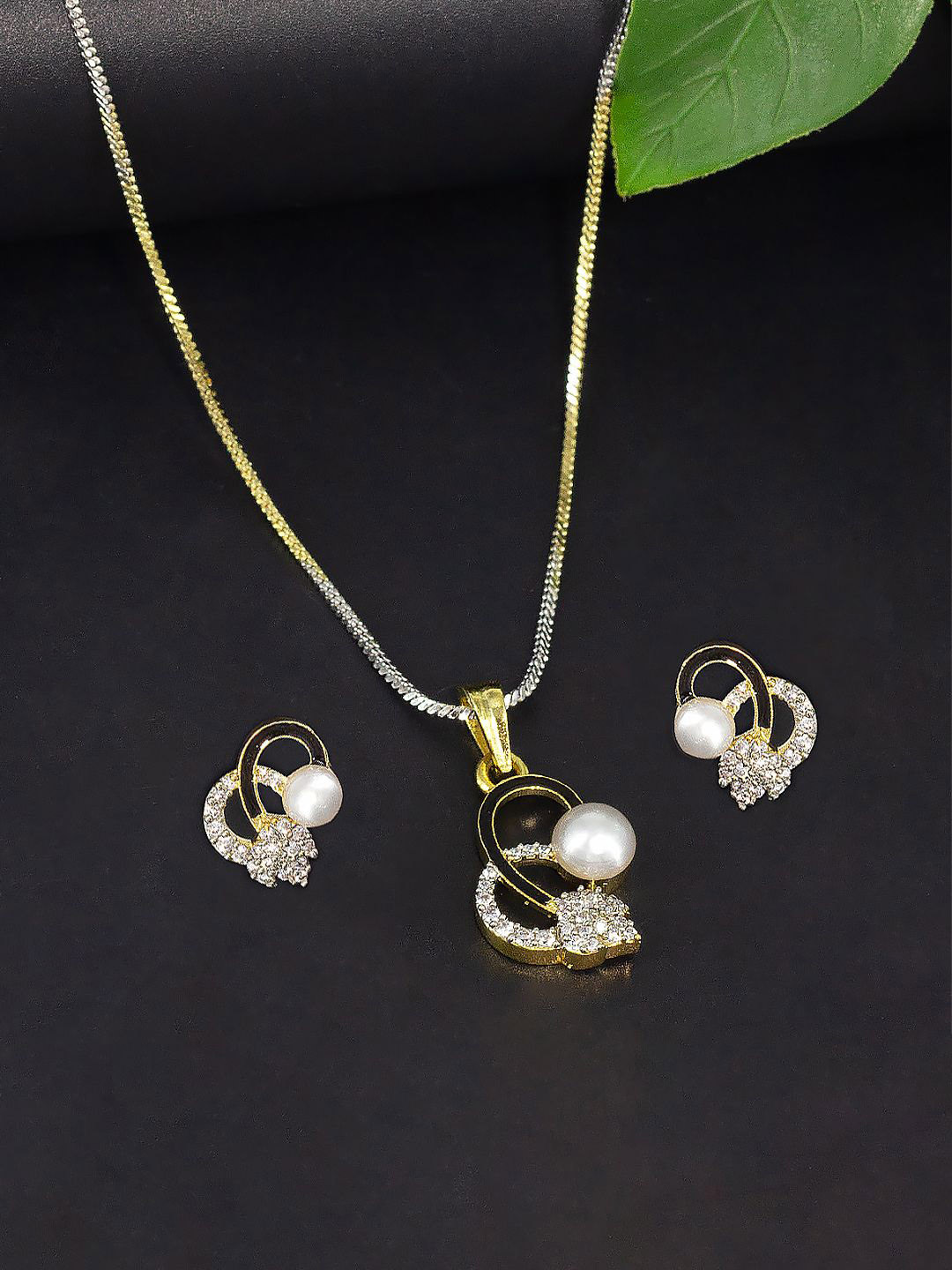 PRIVIU Gold Plated American Diamond Studded Mina Pendant & Earring Set