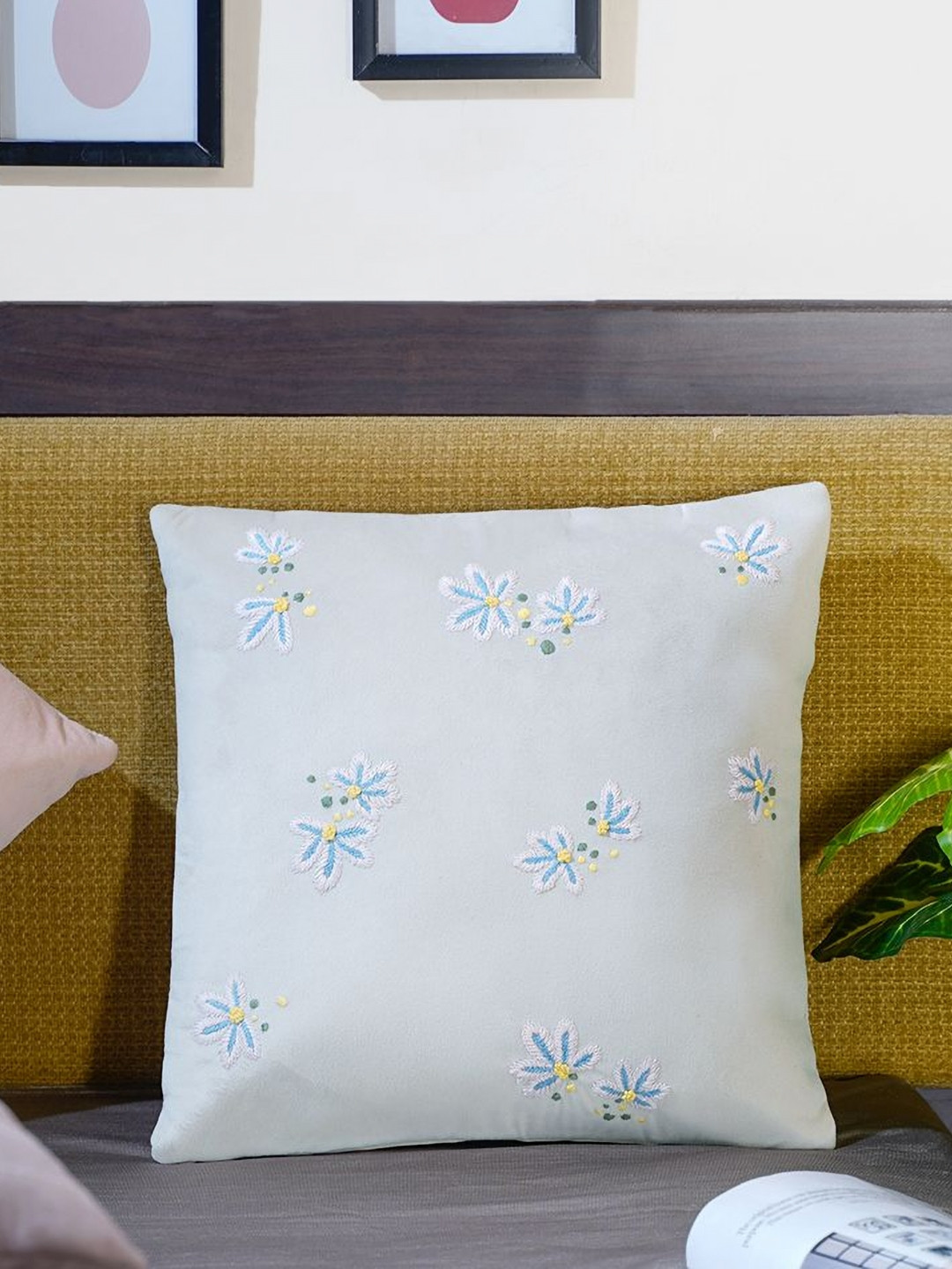 Mid July Home Whispers of Spring Off White Floral Embroidered Velvet Square Cushion Cover