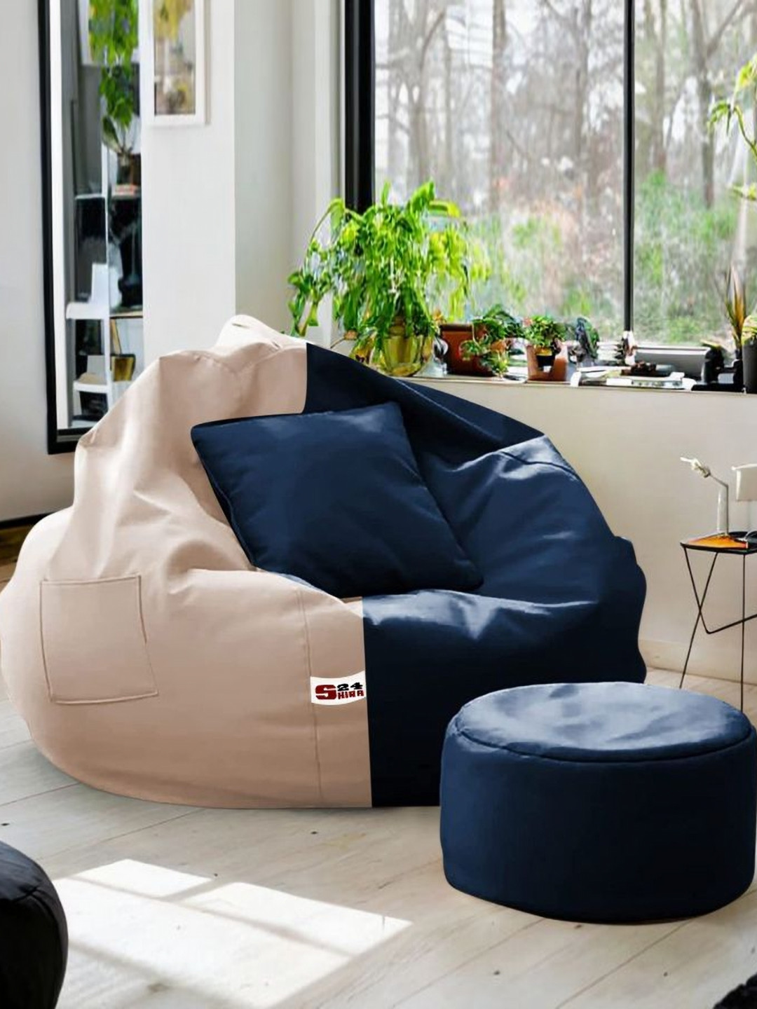 SHIRA 24 Navy Blue & Cream 3 Pieces Bean Bag Cushion & Footrest Covers