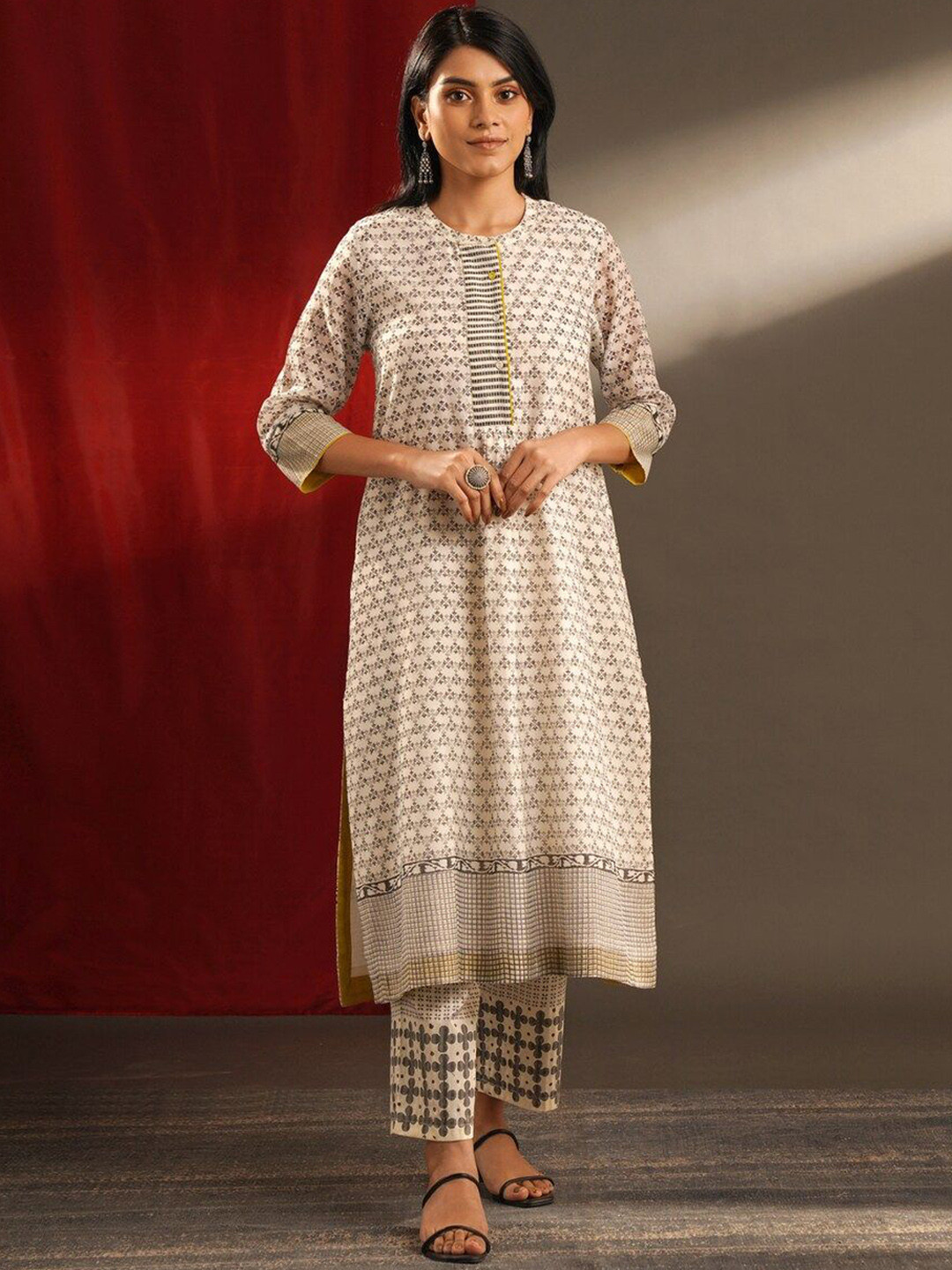 JAYPORE Geometric Printed Cotton Silk Straight Kurta