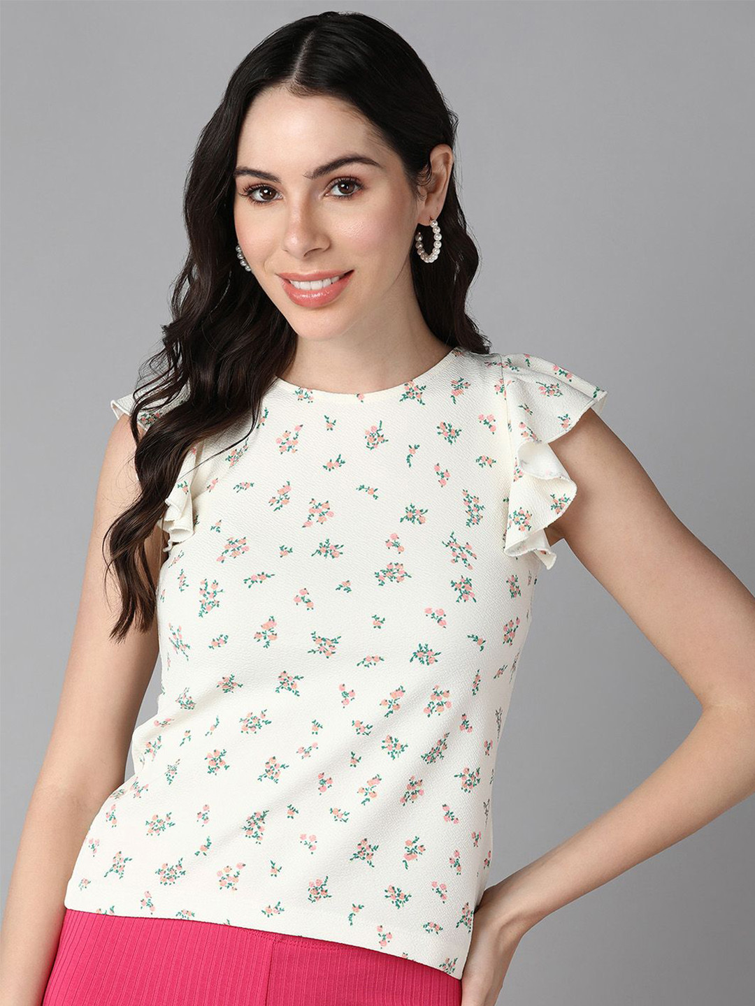 SAFFE Floral Print Ruffle Sleeve  Casual Fitted Top