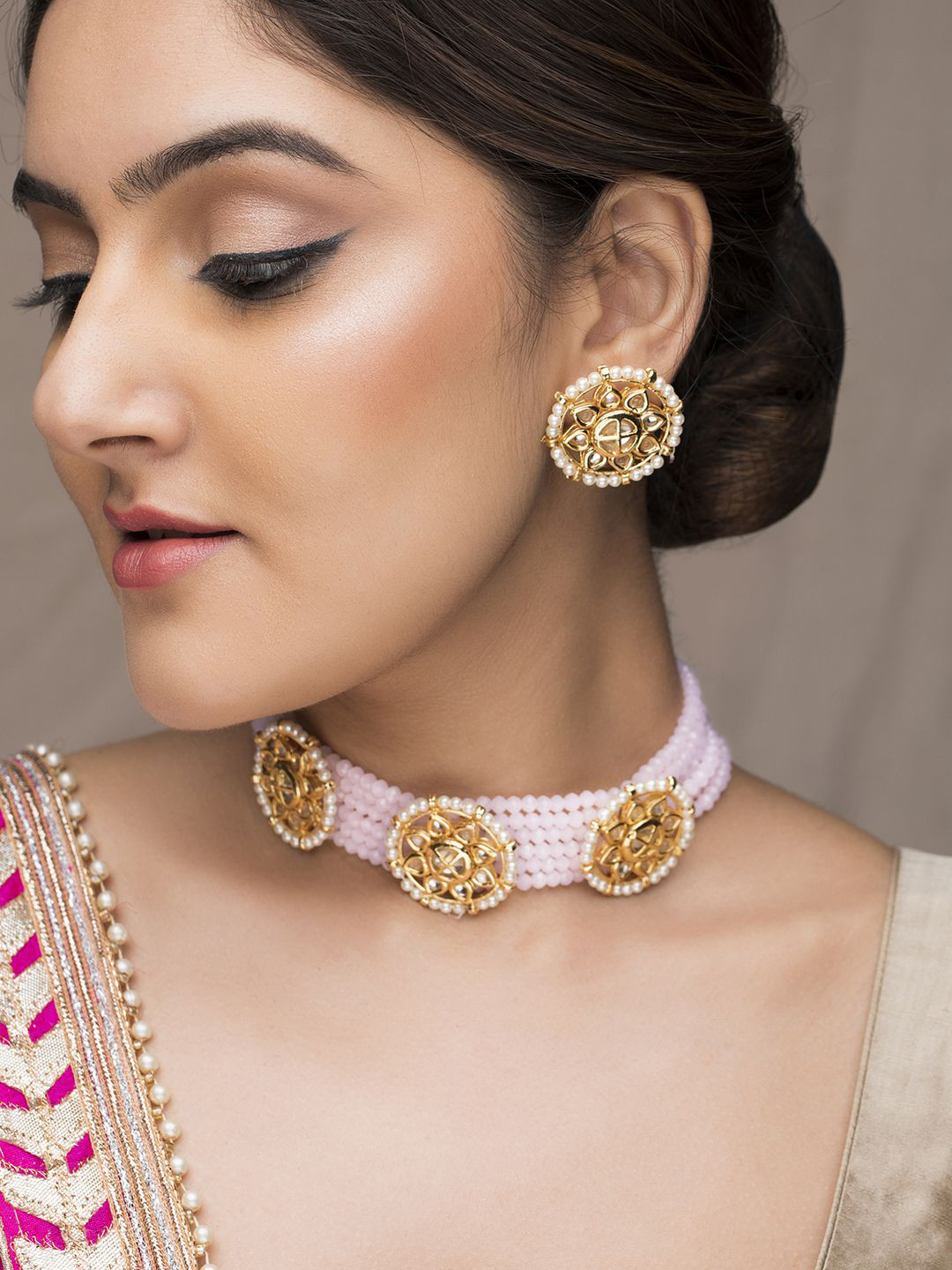 Rubans 22K Gold-Plated Pink & White Beaded Kundan Choker Set with Matching Stud Earrings