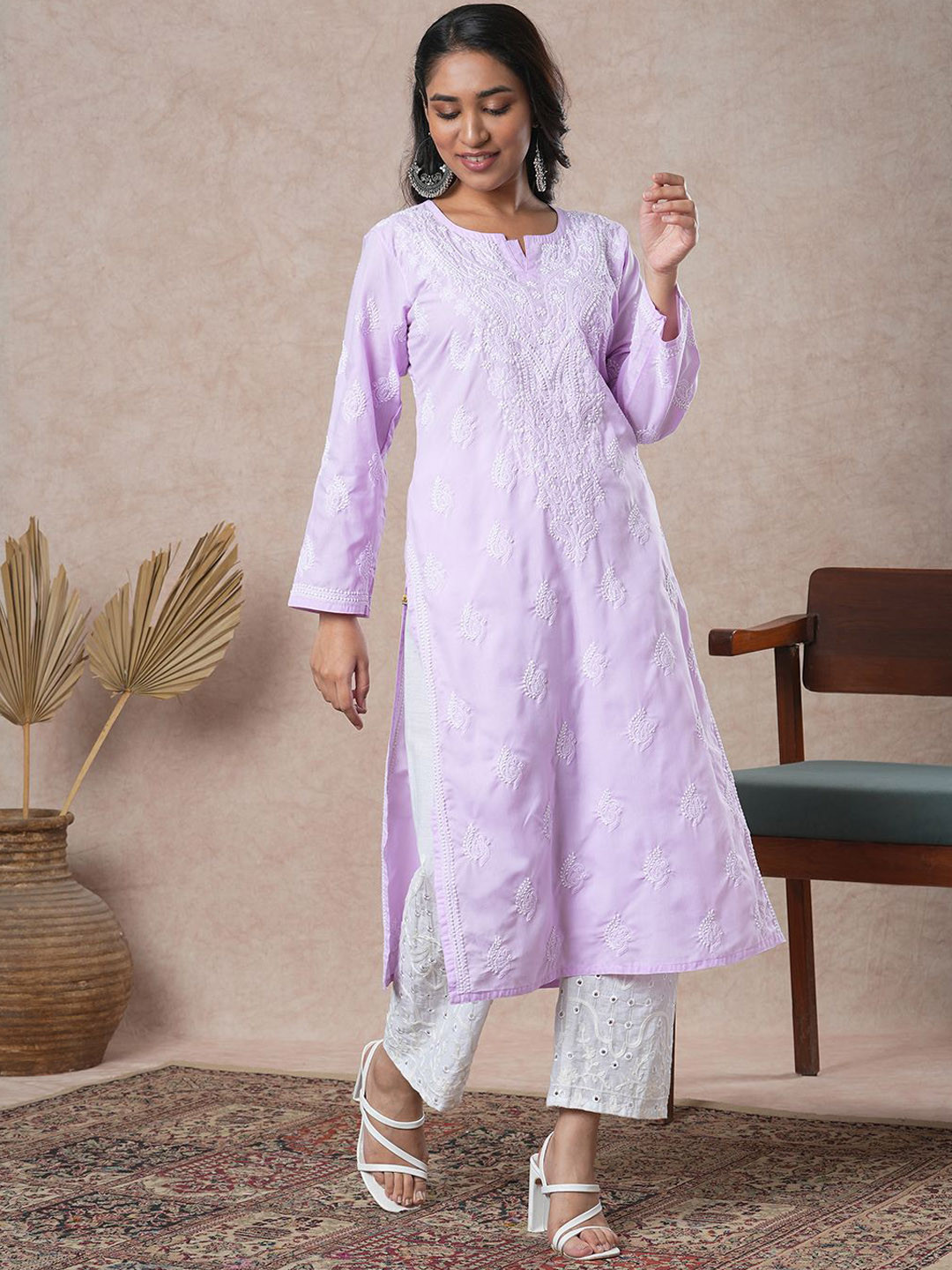 ADA  Ethnic Motifs Embroidered Chikankari Detail Long Sleeves Side Slit Regular Kurta