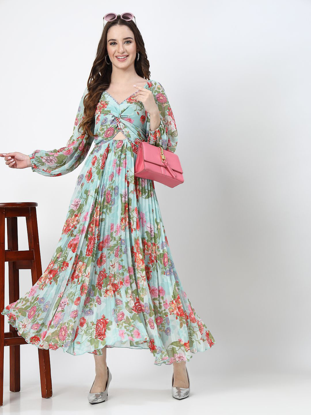 COSMIC TRIO Floral Printed Cut-Outs Puff Sleeve Chiffon Fit & Flare Midi Dress
