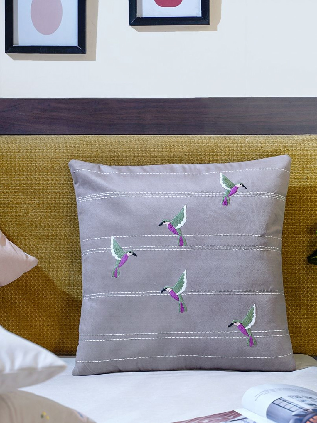 Mid July Home Grey & Purple Hummingbirds Embroidered Velvet Square Cushion Cover