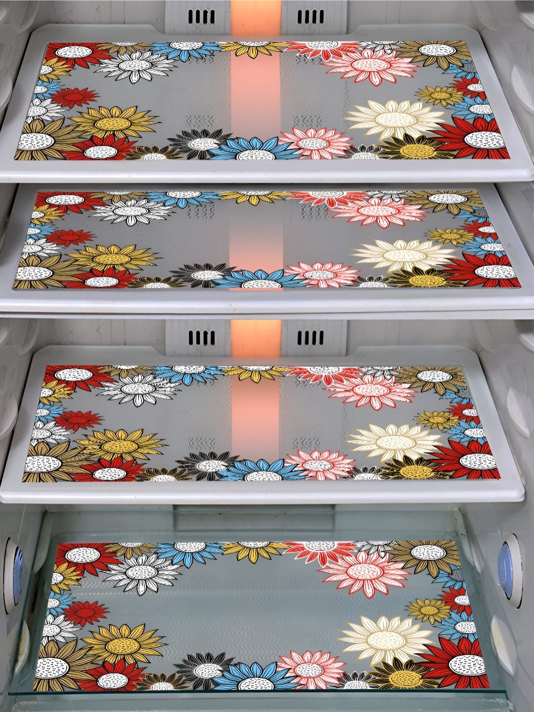 LooMantha Transparent & Red 4 Pieces Floral Printed Anti-Oil Fridge Mats