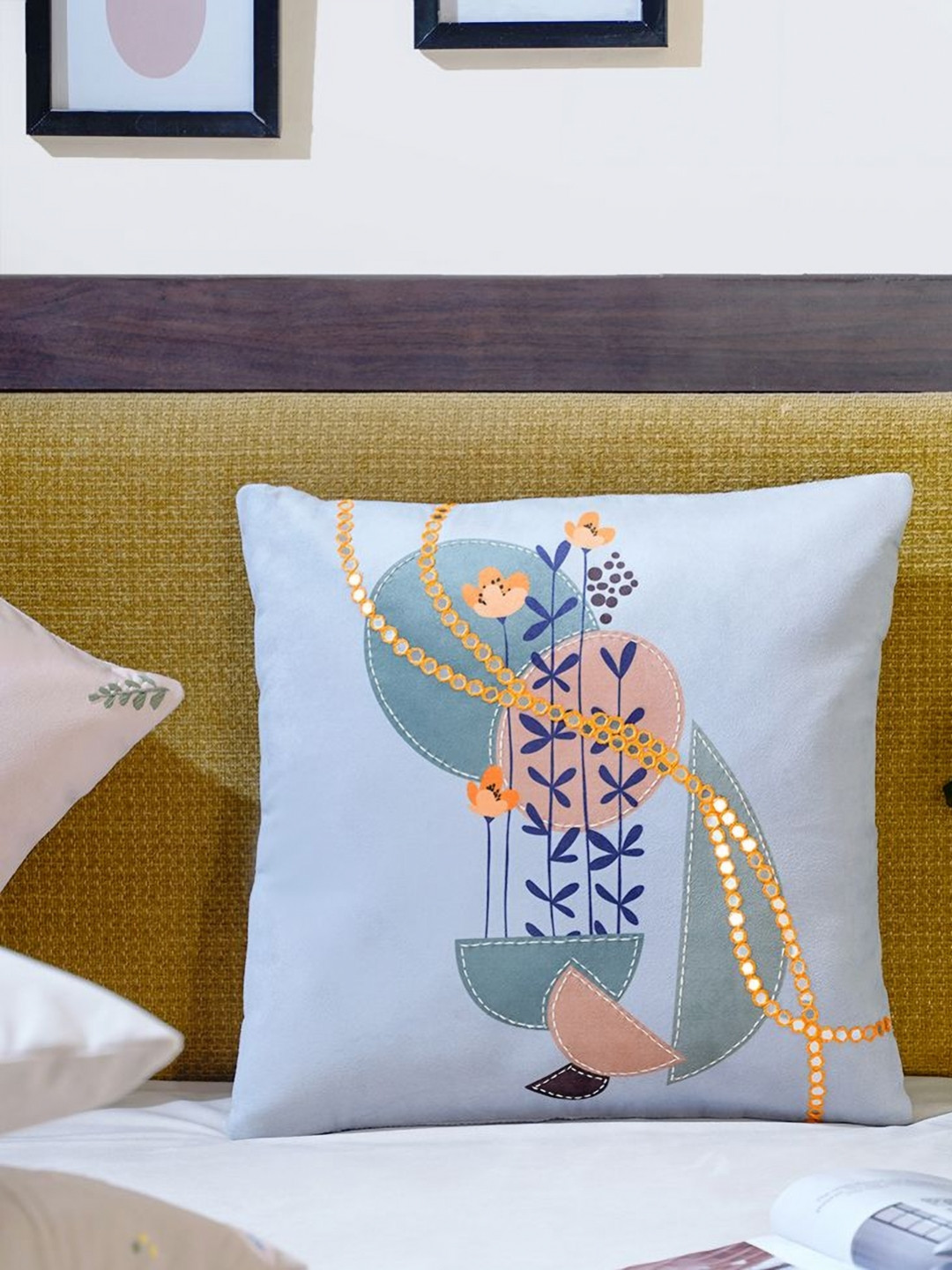 Mid July Home Harmony of Elements Blue Floral Embroidered Velvet Square Cushion Cover