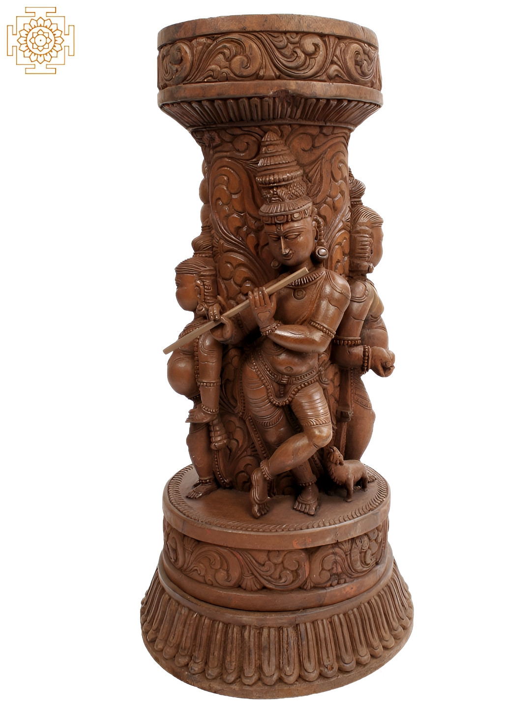 Exotic India Designer Table Base with Lord Krishna Brown Wood Natural Prayer Room Medium Showpiece - 29 Inches