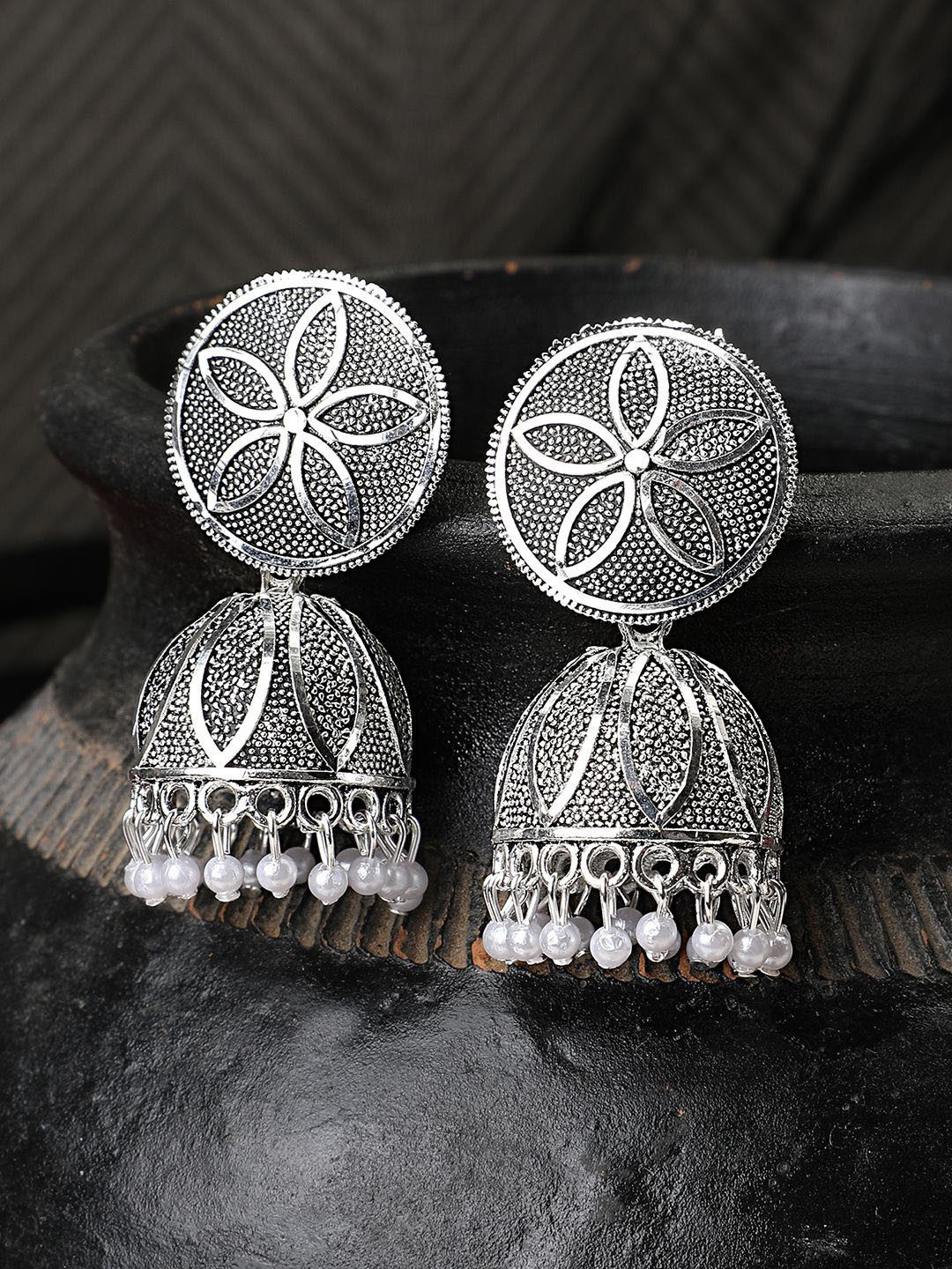 MODE MANIA Silver-Plated Pearls Dome Shaped Jhumkas