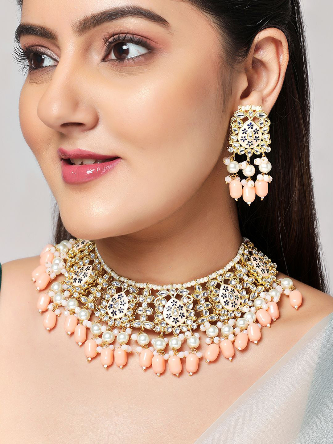 Rubans 22K Gold-Plated Peachy Pink Enamel Kundan Studded & Beaded Choker Set with Pearls