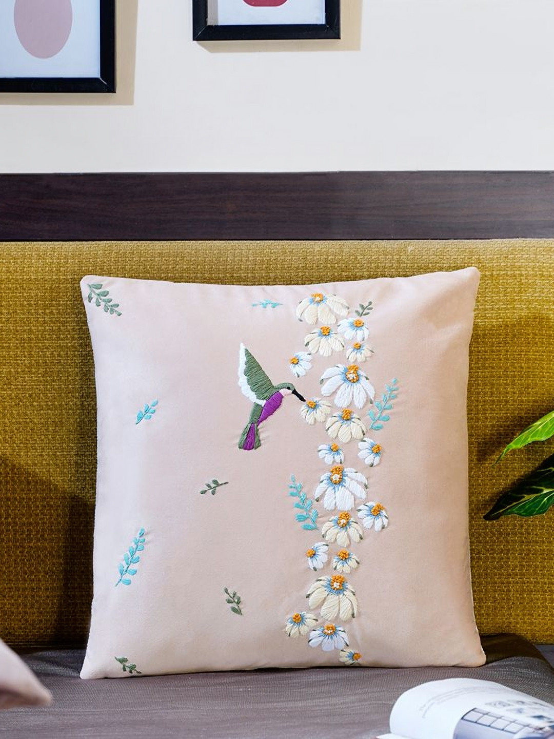 Mid July Home Spring Blooms Floral Velvet Washable Embroidered Cushion Cover - 16x16In