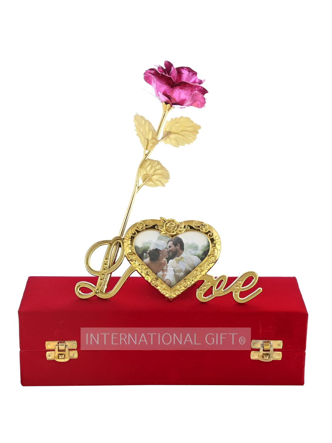 INTERNATIONAL GIFT Pink Artificial Rose With Love Shape Photo Frame Stand & Velvet Box