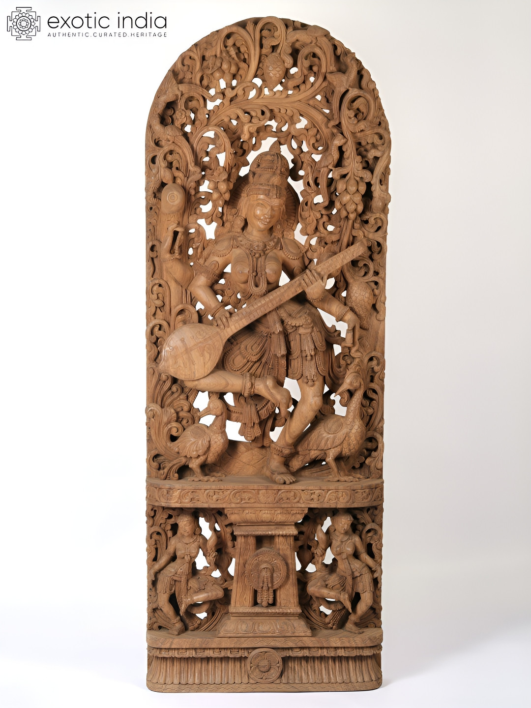 Exotic India Dancing Goddess Saraswati Brown Wood Natural Prayer Room Medium Showpiece - 71.7 Inches