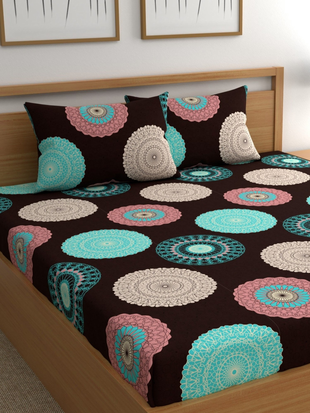 CG HOMES Blue & Brown Ethnic Motifs Cotton 160 TC Queen Bedsheet with 2 Pillow Covers