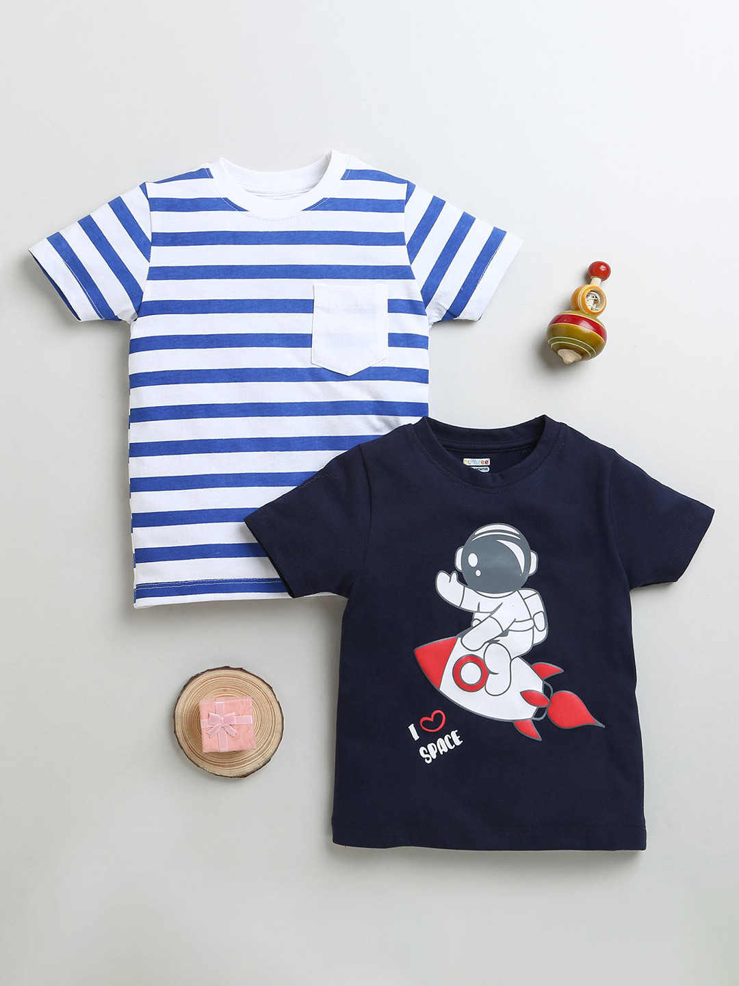 BUMZEE Boys Pack Of 2 Graphic Printed Round Neck Cotton T-Shirts