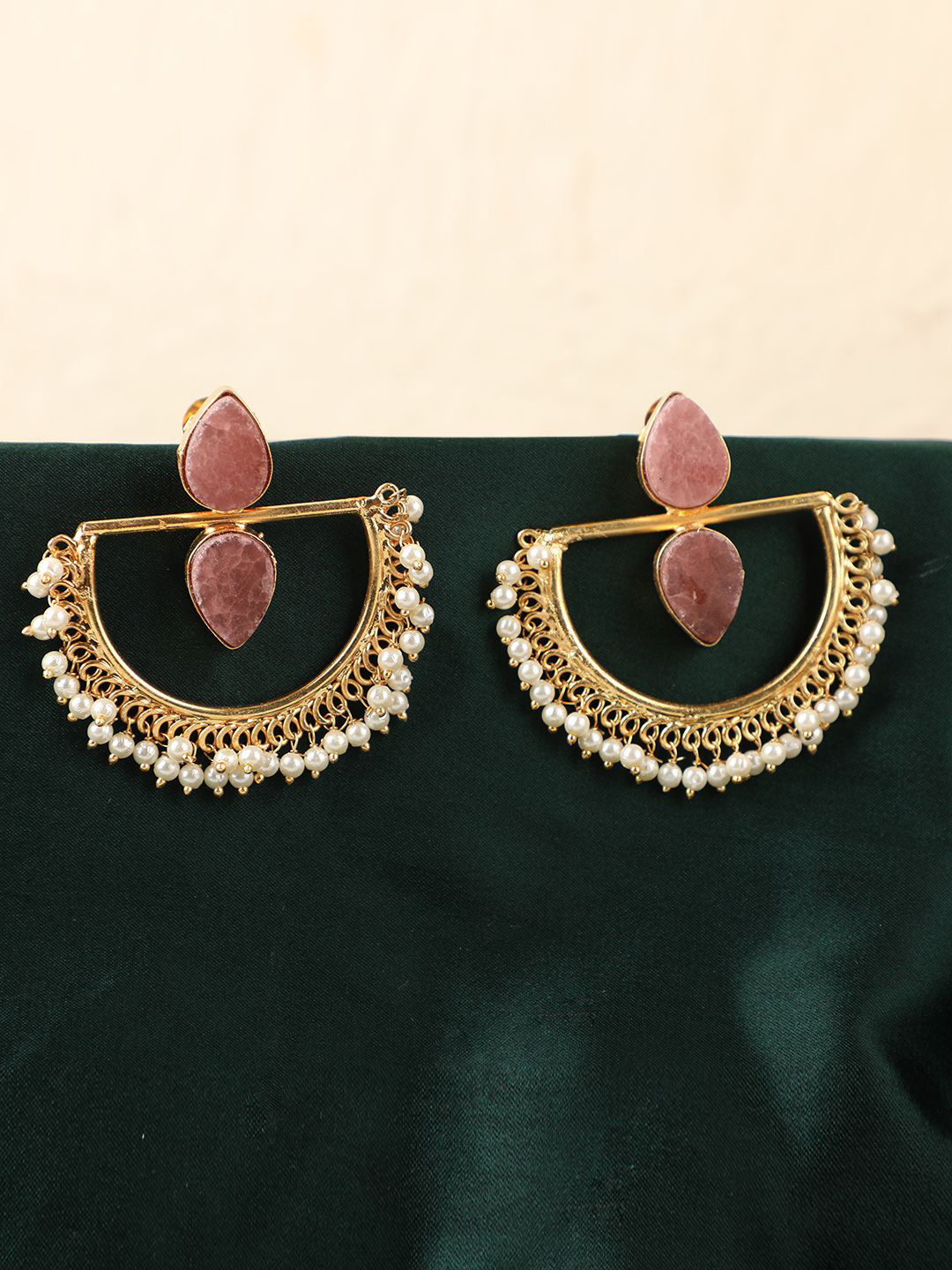 MODE MANIA Gold-Plated Stones Studded & Beaded Crescent Shaped Chandbalis