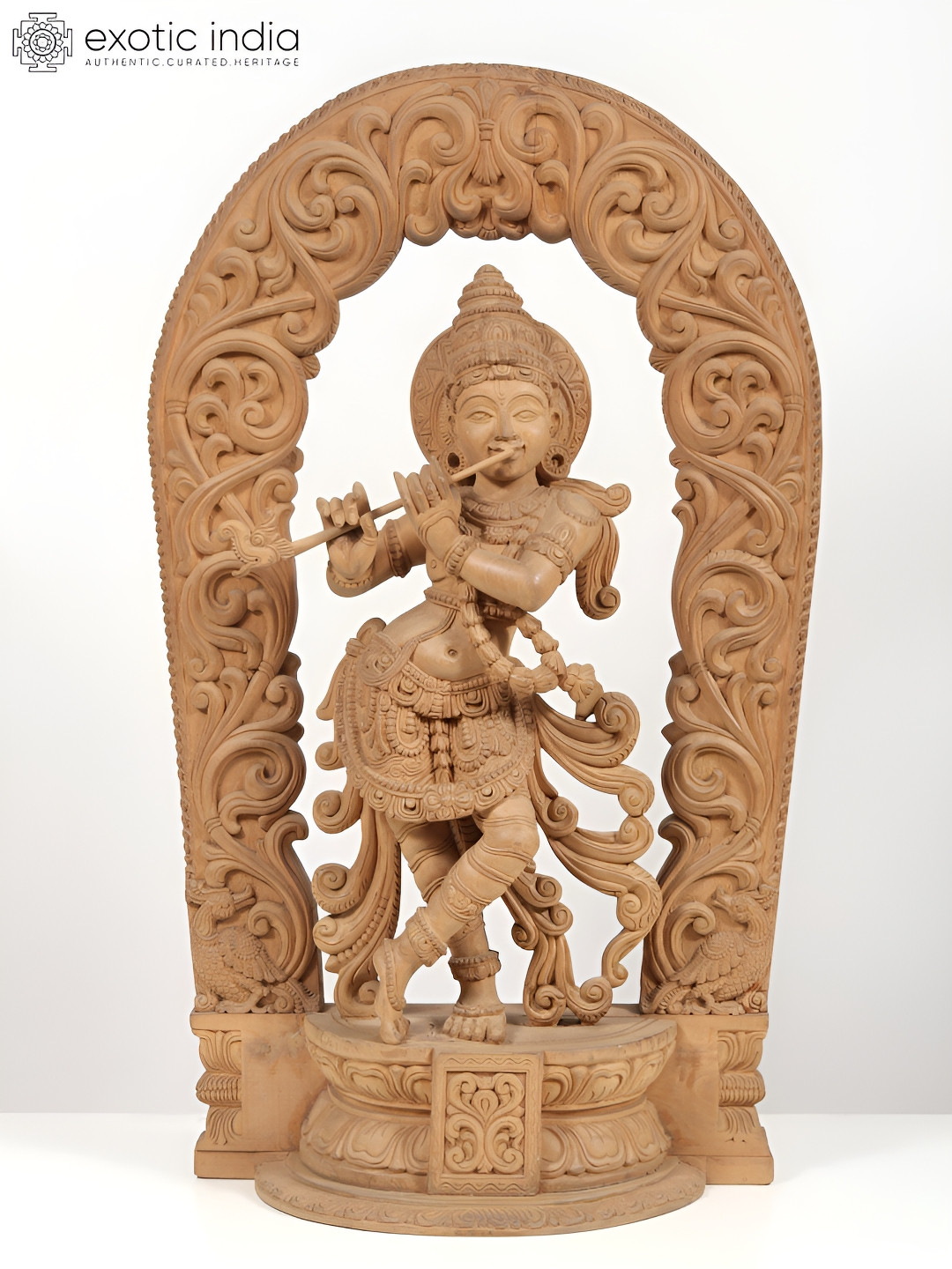 Exotic India Fluting Krishna Brown Wood Natural Prayer Room Extra Large Showpiece - 36 Inches