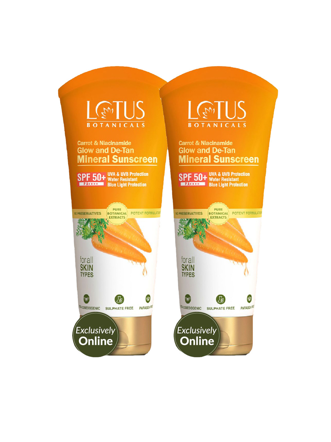 Lotus Botanicals Set Of 2 Carrot & Niacinamide Glow and De-Tan Mineral Sunscreen- 50g Each