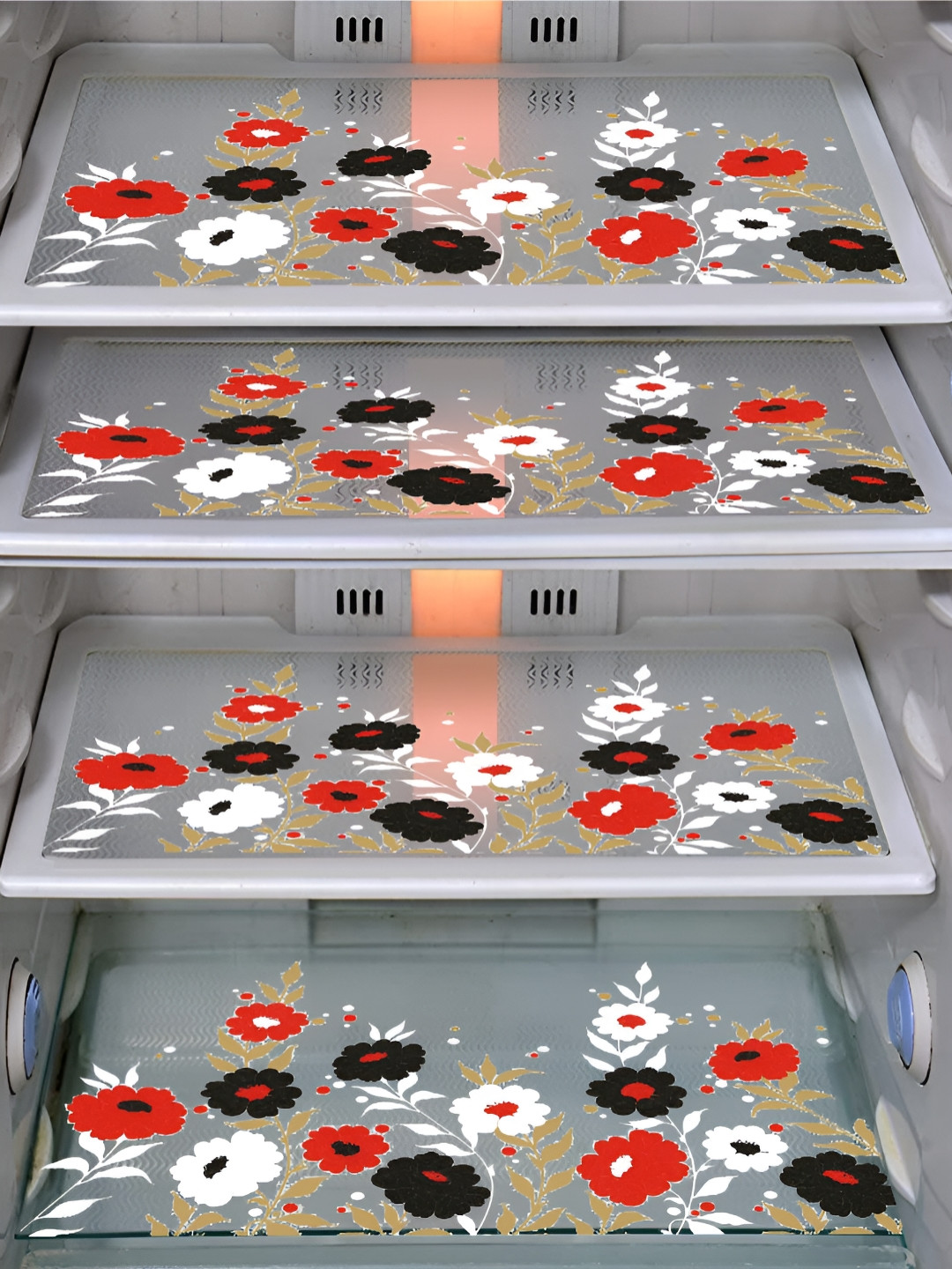 LooMantha Transparent & Red 4 Pieces Floral Printed Anti-Oil Fridge Mats
