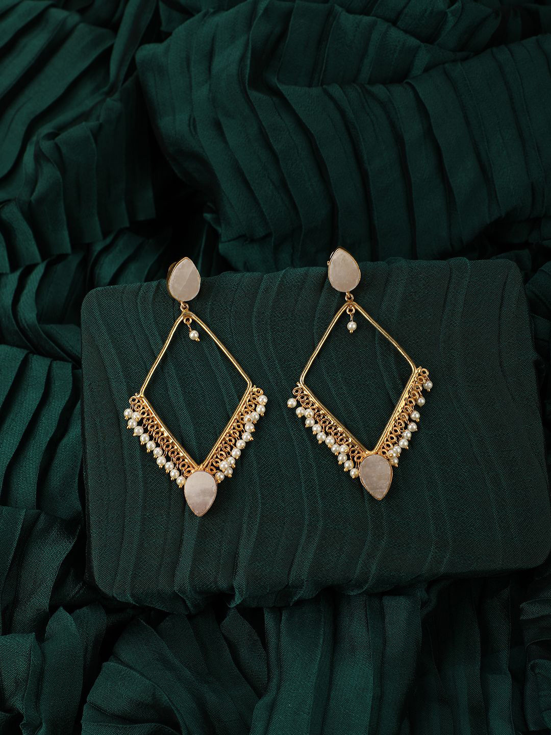 MODE MANIA Gold-Plated Stones Studded & Beaded Diamond Shaped Drop Earrings