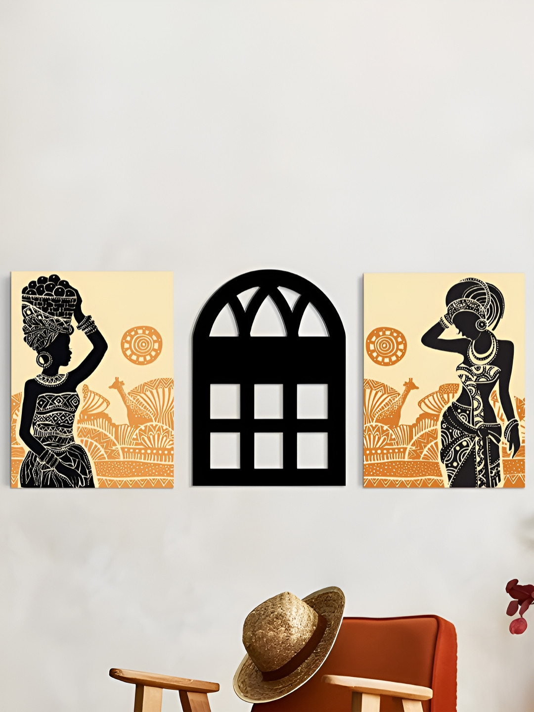 Art Street Set of 3 Black African Lady Stretched Canvas Painting with MDF Jali