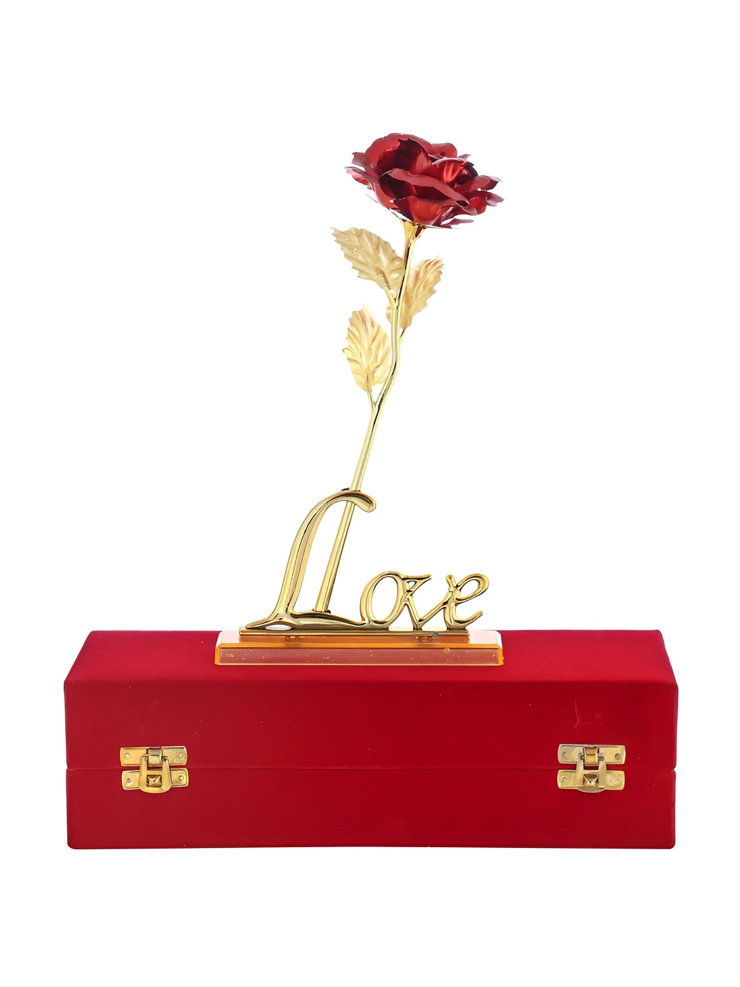 INTERNATIONAL GIFT Red & Gold Toned Artificial Rose with Love Stand and Velvet Box