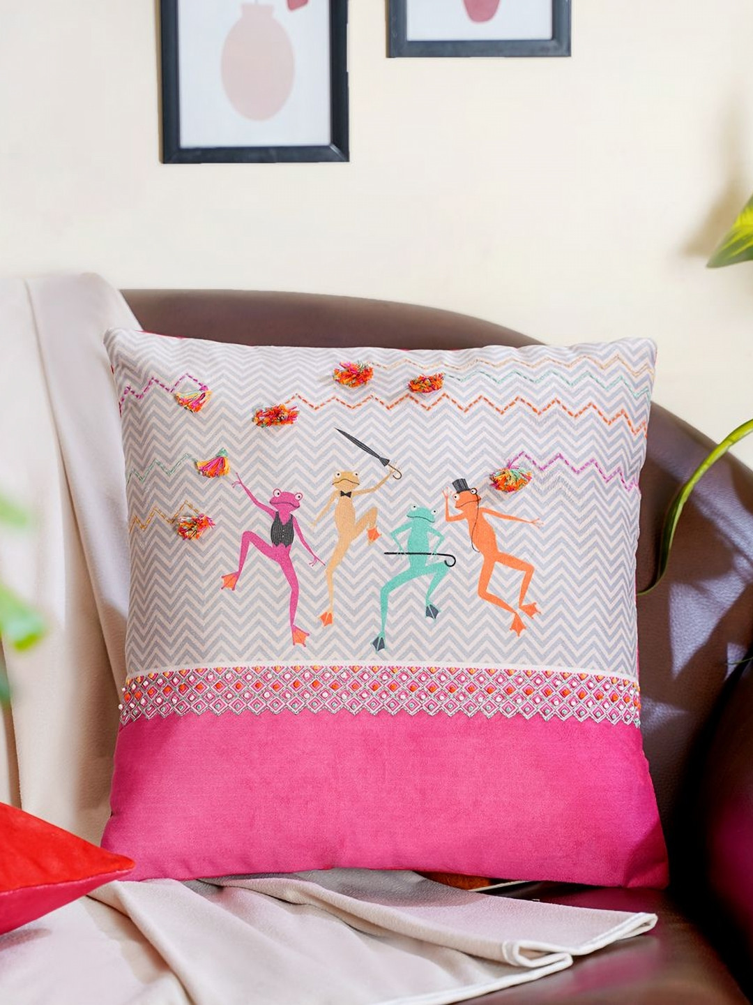 Mid July Home Pure joy Grey & Pink Dancing Frogs Embroidered Velvet Square Cushion Cover