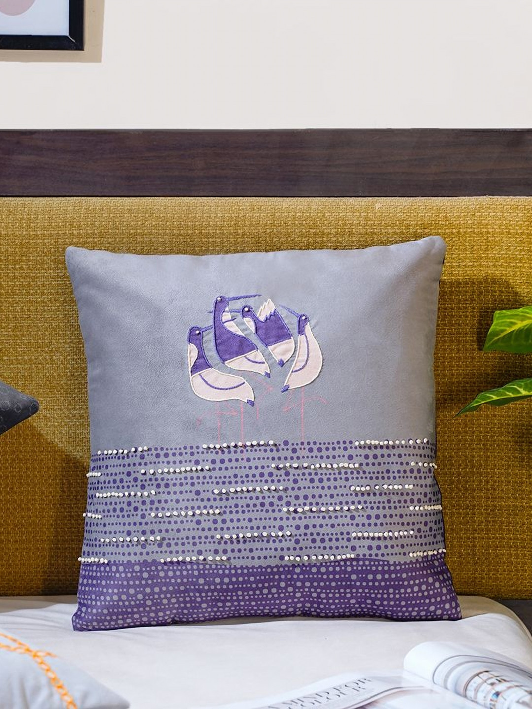 Mid July Home Moonlit Garden Grey Heron Birds Embroidered Velvet Square Cushion Cover