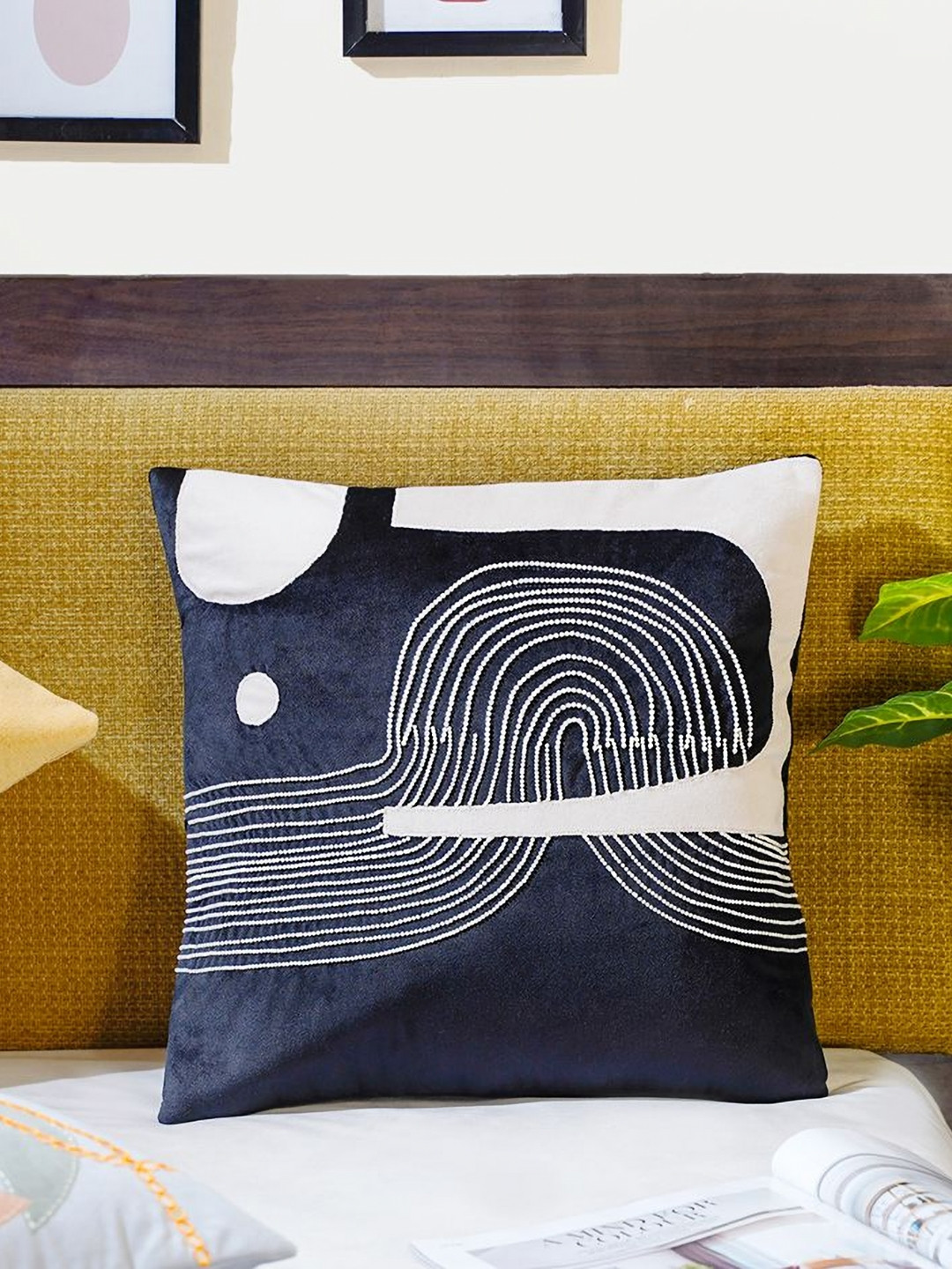 Mid July Home Abstract Black Velvet Durable Embroidered Square Cushion Cover -16x16In