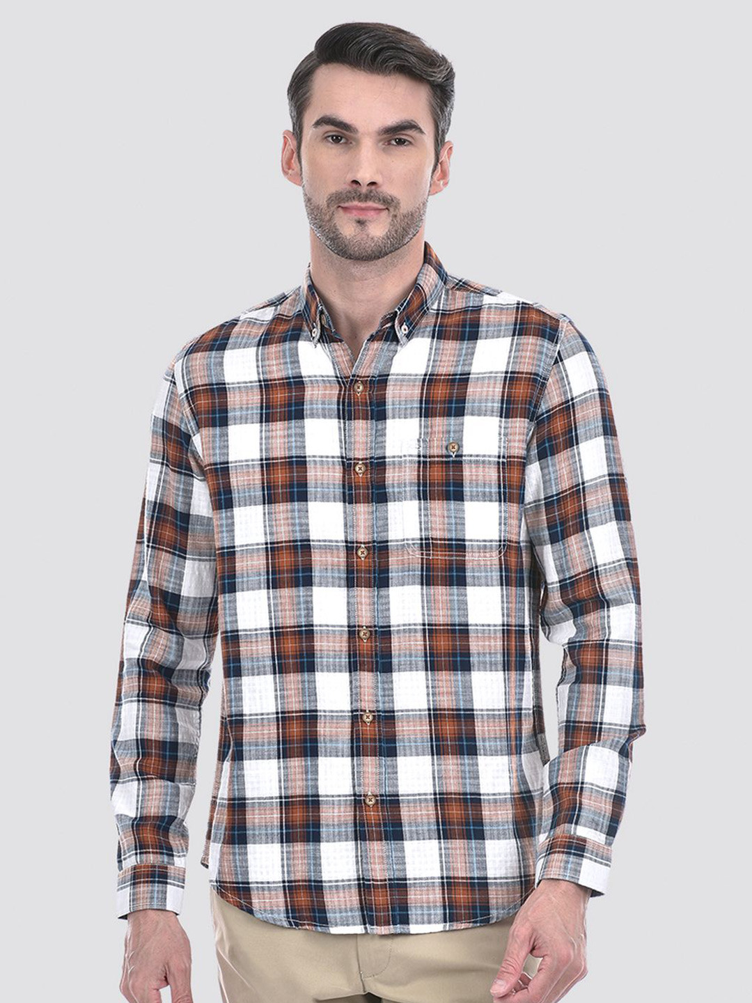 Numero Uno Men Button-Down Collar Tartan Checked Cotton Slim Fit Casual Shirt