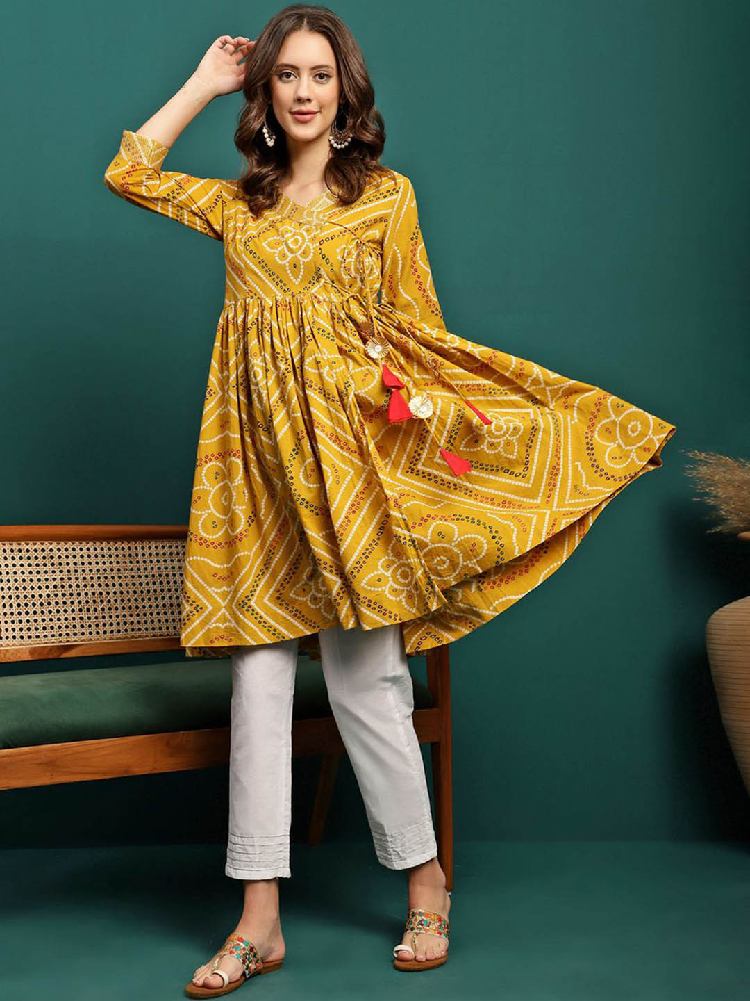 BANDIA Bandhani Printed V-Neck Pure Cotton Anarkali Kurta with Trousers