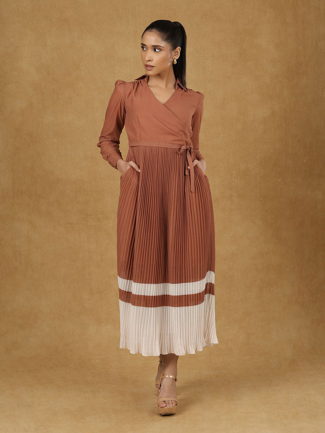 PowerSutra Women Cuffed Sleeves Wrap Midi Dress