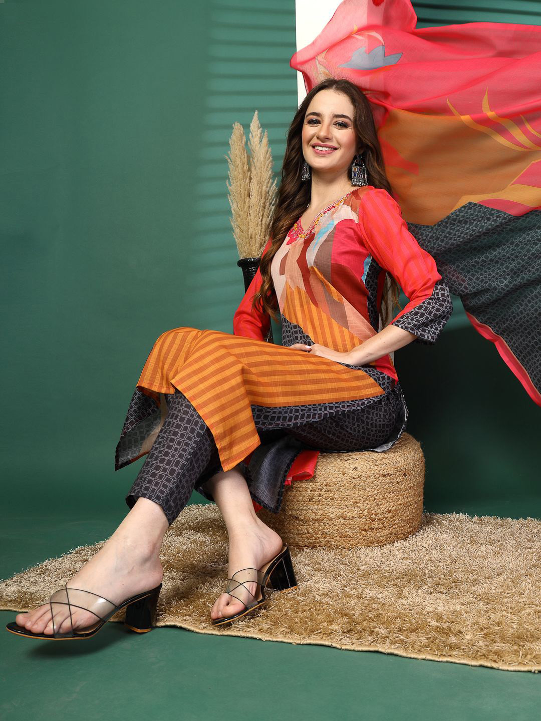 Ramas Printed Mirror Work Straight Kurta with Trousers & With Dupatta
