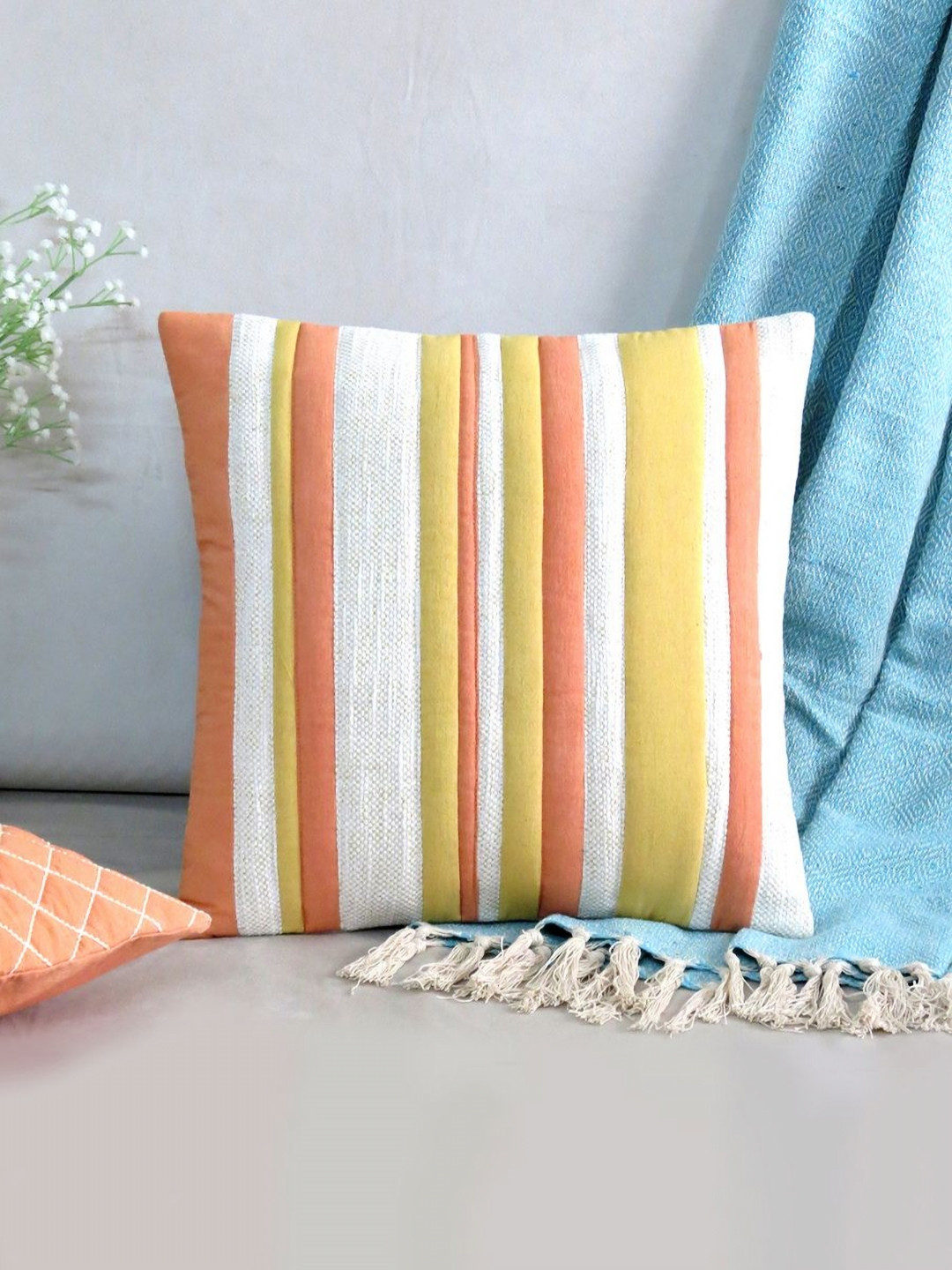 Mid July Home Off White Striped Cotton Durable Textured Square Cushion Cover -16x16In